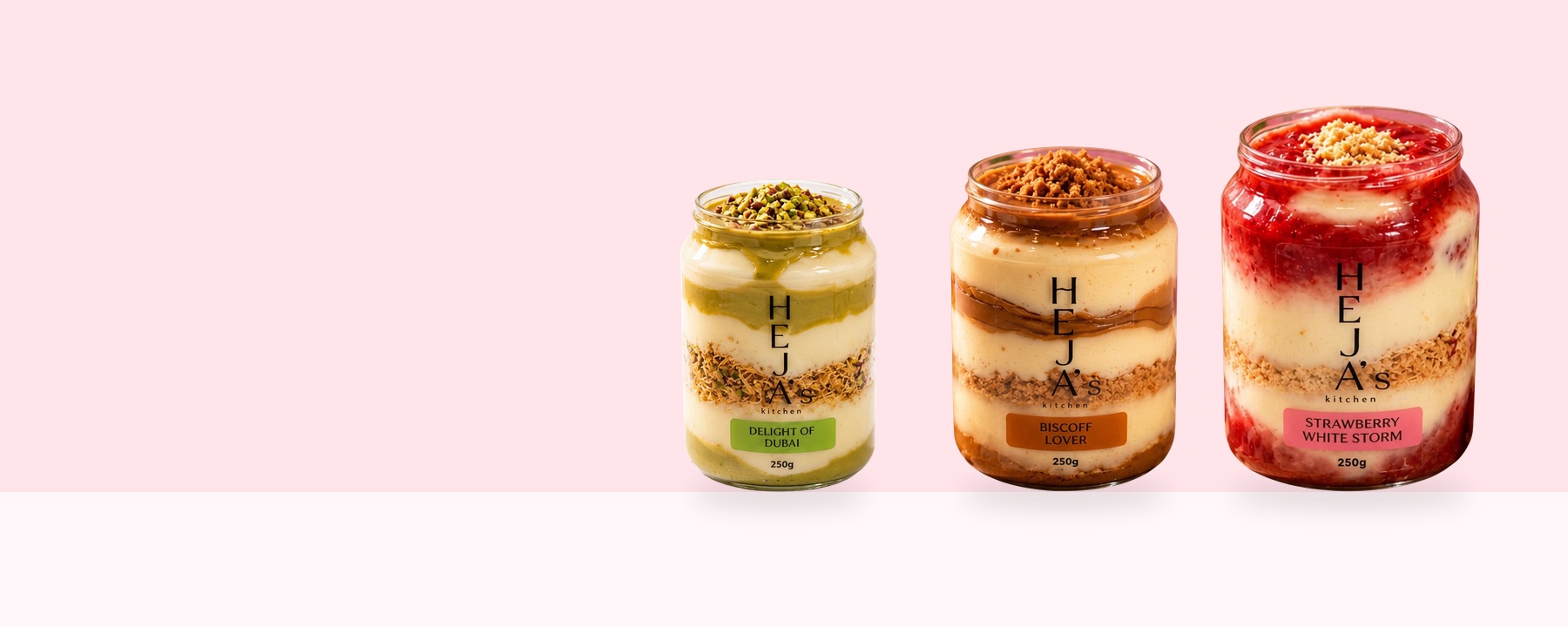 Biscoff Lover, Strawberry White Storm and Delight of Dubai on a pink studio shelf